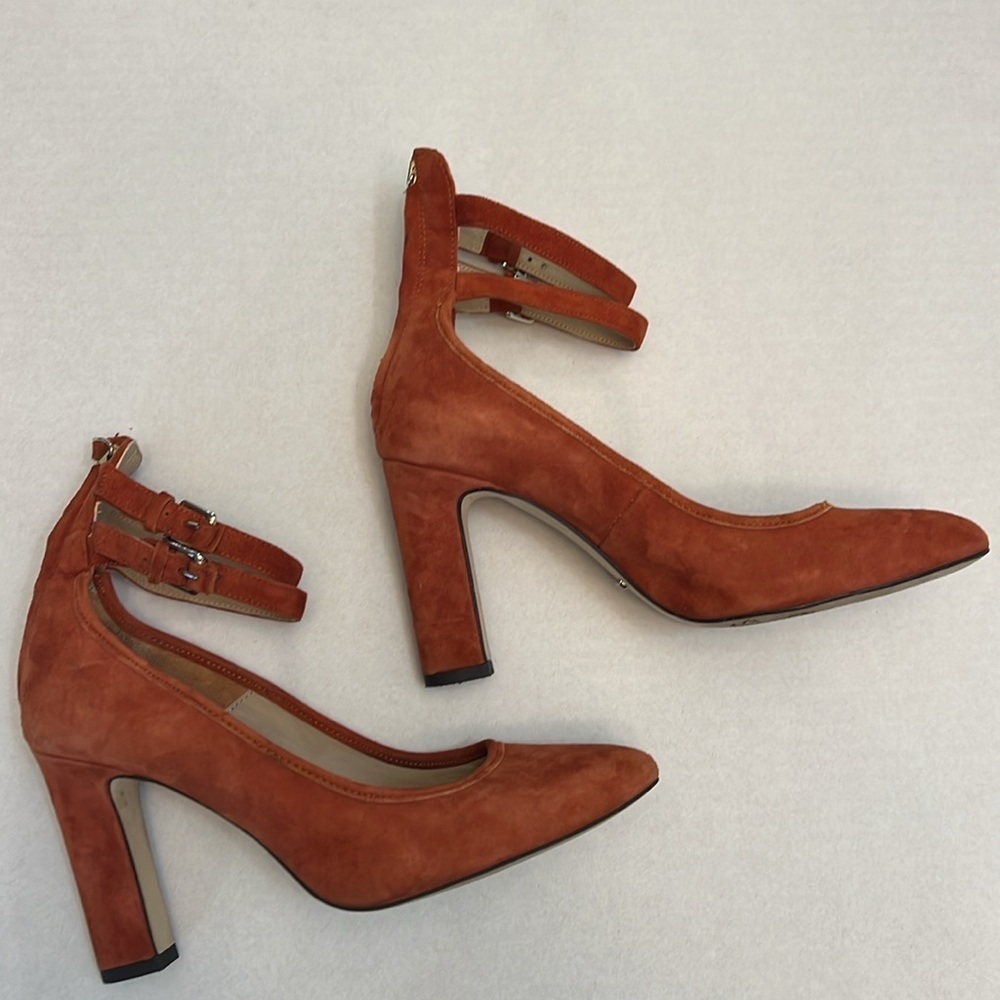 Massimo Dutti Suede Double-Strap Block Heel Pumps in Rust